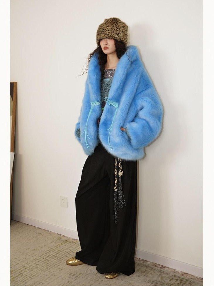 badtaste Blue Plush Fox Fur Trim Turn Down Collar Loose Fit Women's Eco Faux Fur Coats