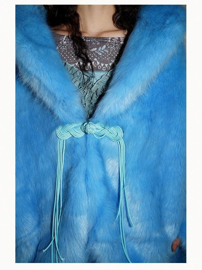 badtaste Blue Plush Fox Fur Trim Turn Down Collar Loose Fit Women's Eco Faux Fur Coats