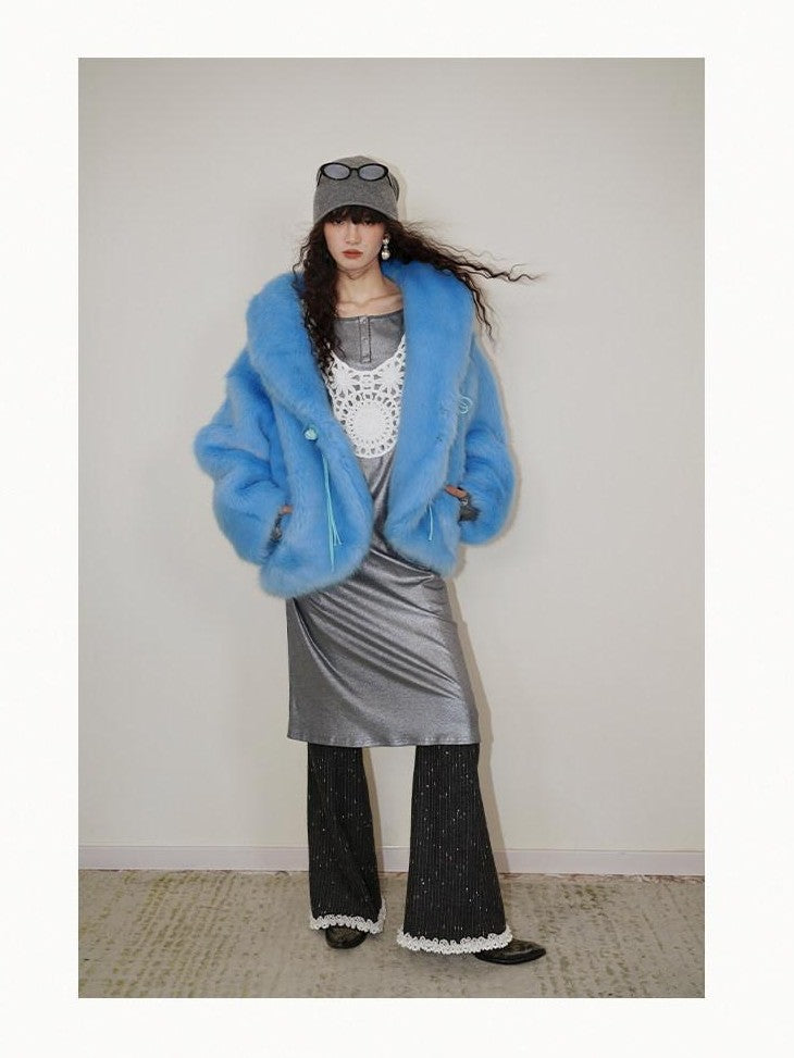 badtaste Blue Plush Fox Fur Trim Turn Down Collar Loose Fit Women's Eco Faux Fur Coats