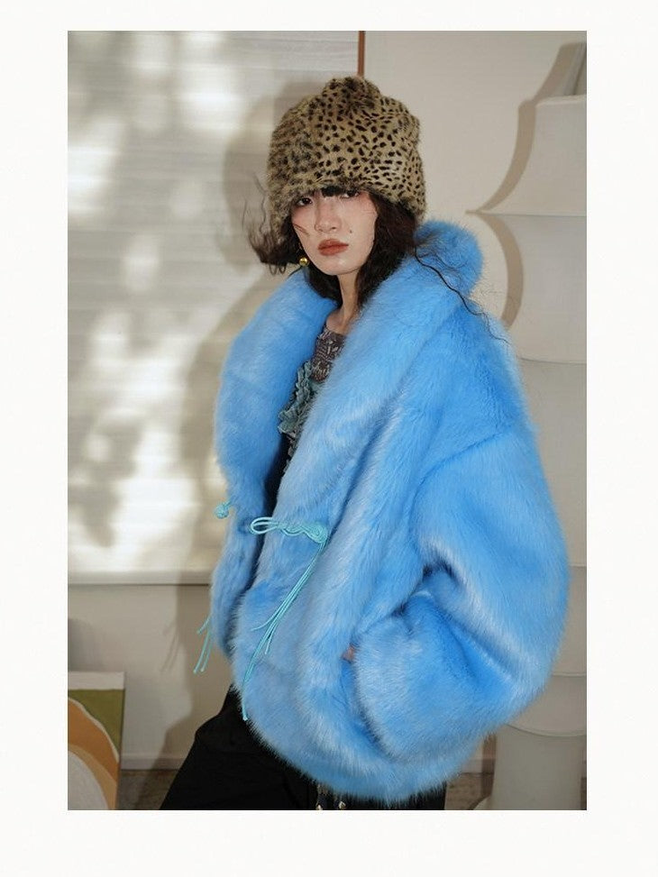 badtaste Blue Plush Fox Fur Trim Turn Down Collar Loose Fit Women's Eco Faux Fur Coats
