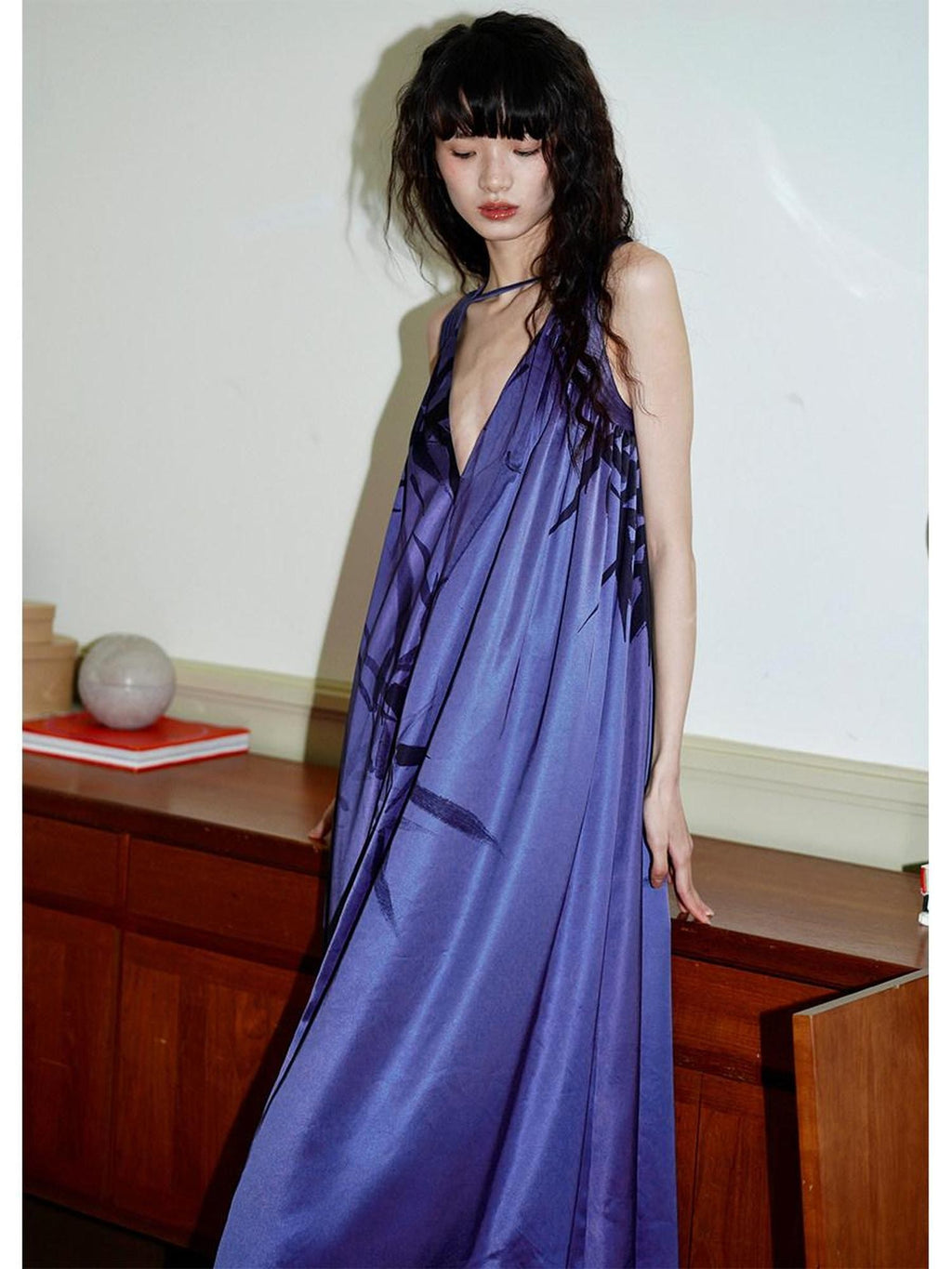badtaste Blue Purple Bamboo Leaf Print New Chinese Style Women's Satin Slip Maxi Dresses