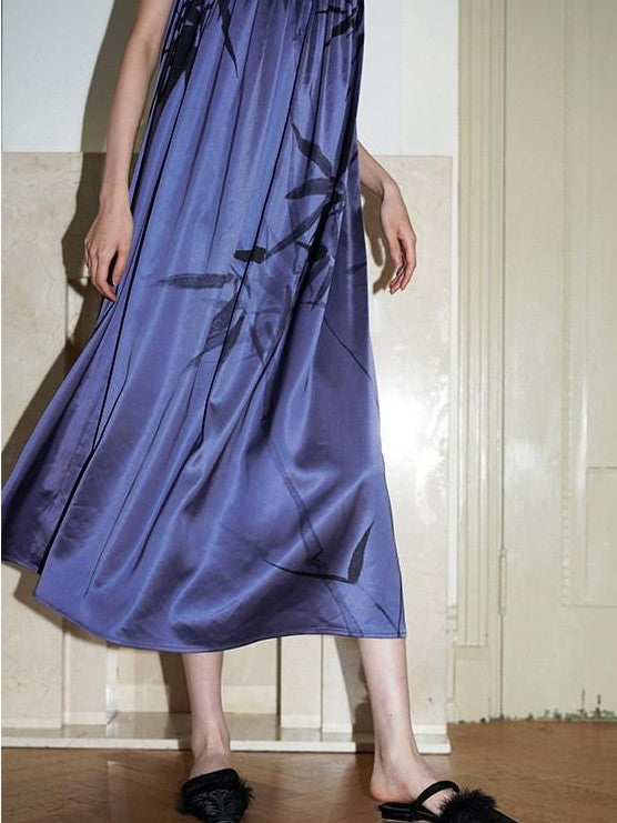 badtaste Blue Purple Bamboo Leaf Print New Chinese Style Women's Satin Slip Maxi Dresses