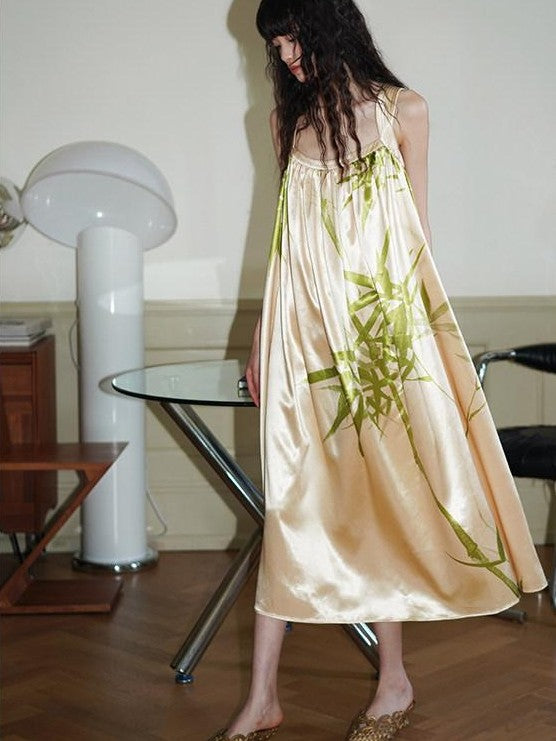 badtaste Blue Purple Bamboo Leaf Print New Chinese Style Women's Satin Slip Maxi Dresses