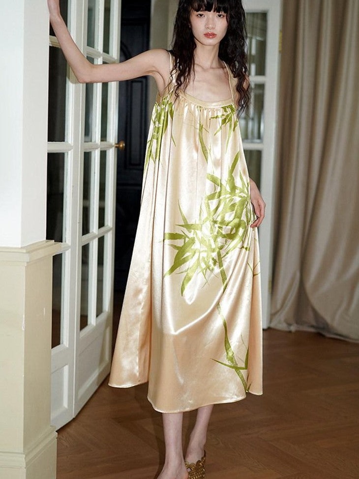 badtaste Blue Purple Bamboo Leaf Print New Chinese Style Women's Satin Slip Maxi Dresses