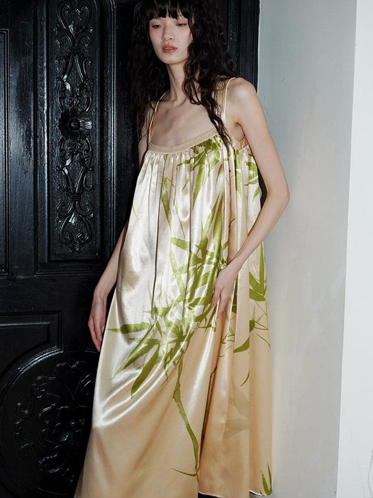 badtaste Blue Purple Bamboo Leaf Print New Chinese Style Women's Satin Slip Maxi Dresses