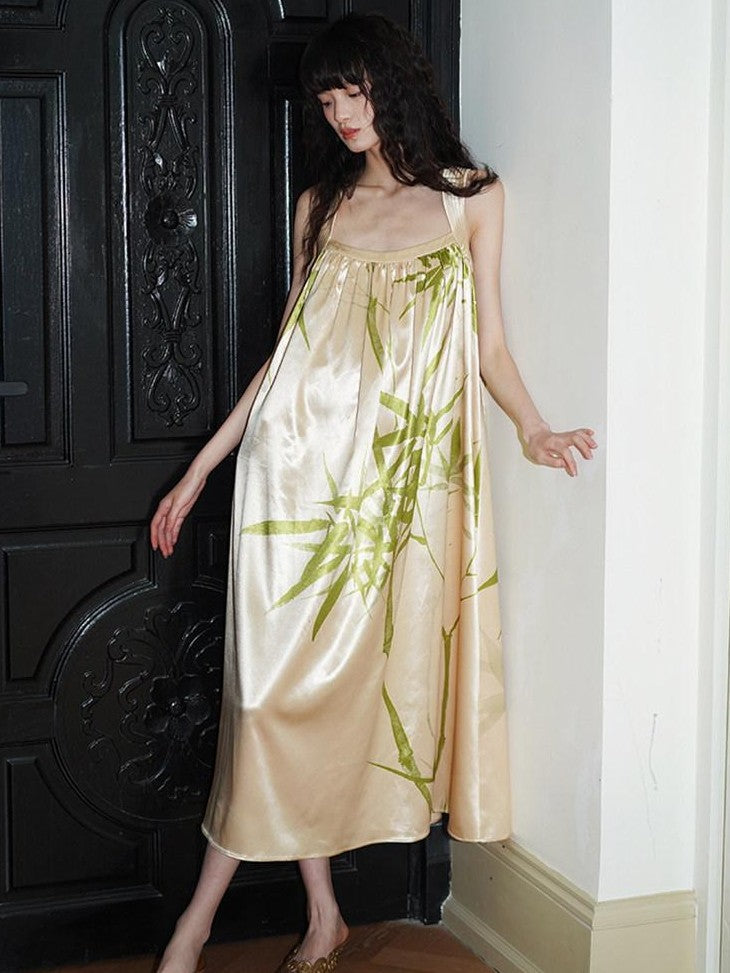 badtaste Blue Purple Bamboo Leaf Print New Chinese Style Women's Satin Slip Maxi Dresses