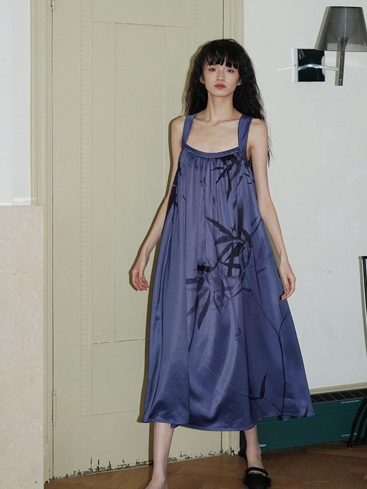 badtaste Blue Purple Bamboo Leaf Print New Chinese Style Women's Satin Slip Maxi Dresses