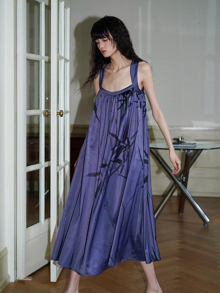 badtaste Blue Purple Bamboo Leaf Print New Chinese Style Women's Satin Slip Maxi Dresses