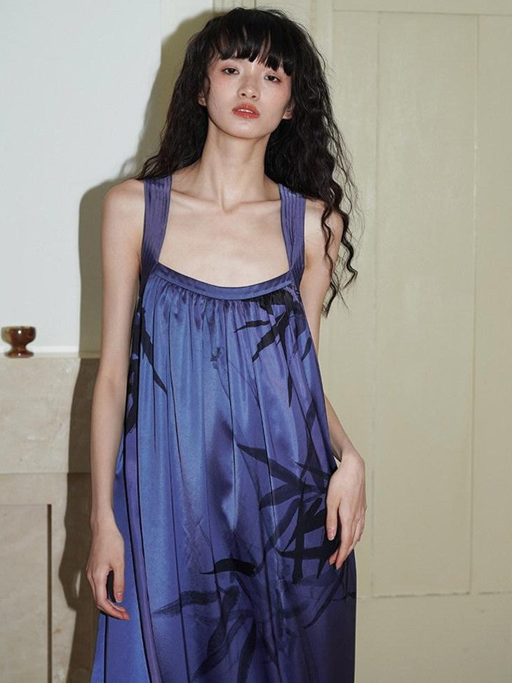 badtaste Blue Purple Bamboo Leaf Print New Chinese Style Women's Satin Slip Maxi Dresses
