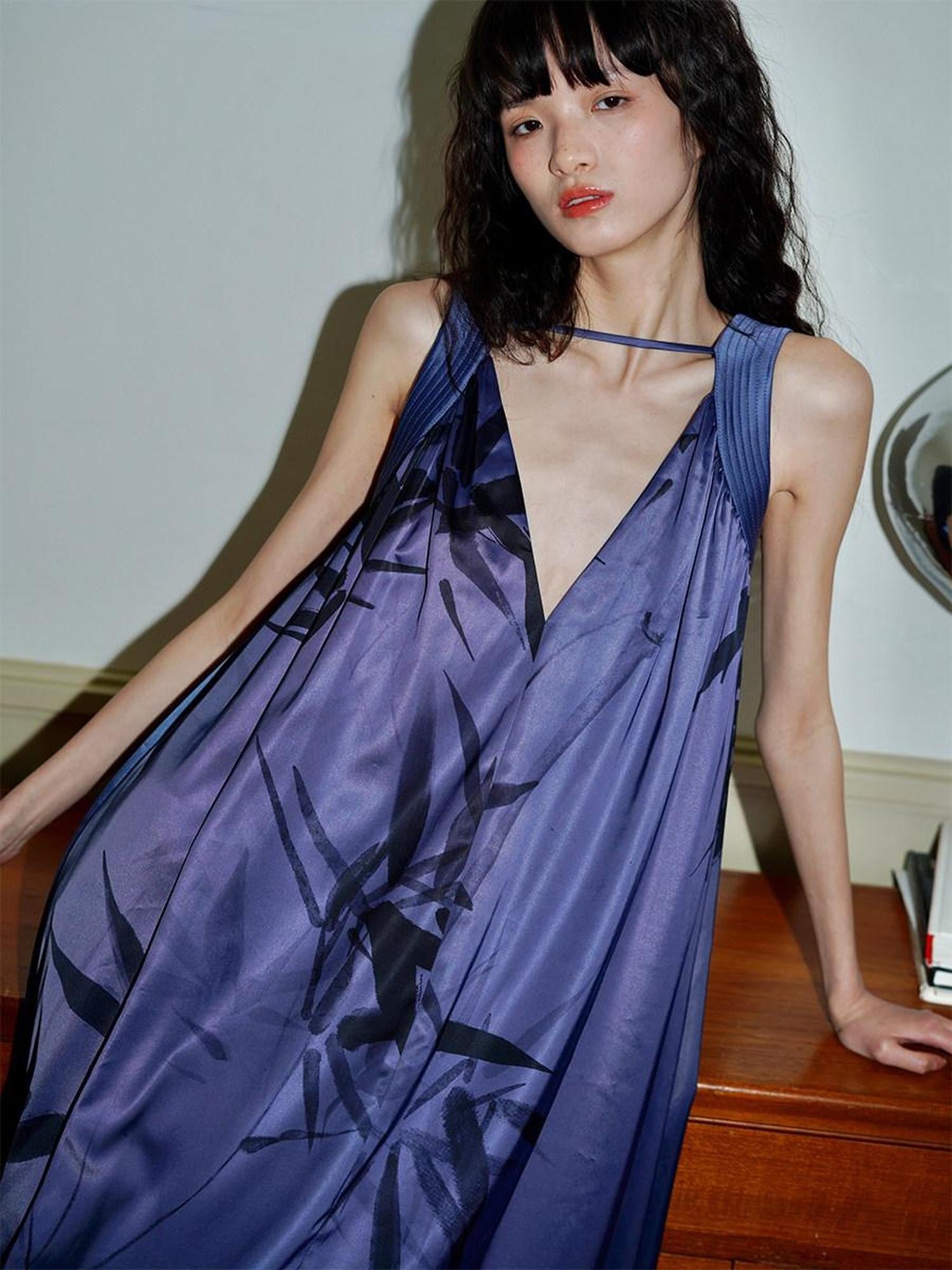 badtaste Blue Purple Bamboo Leaf Print New Chinese Style Women's Satin Slip Maxi Dresses