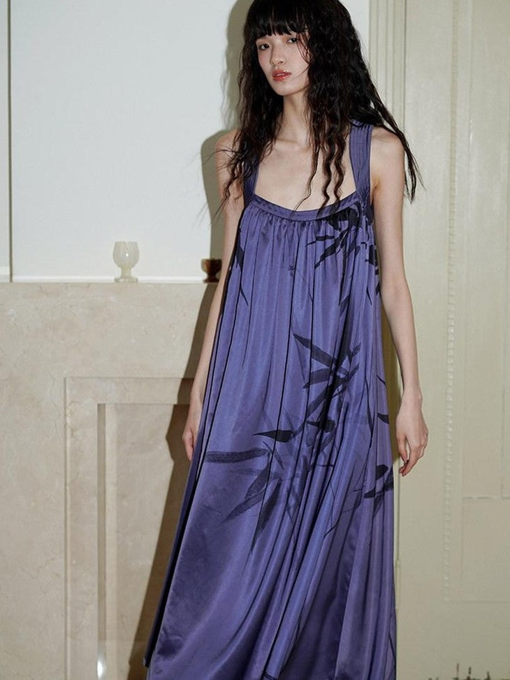 badtaste Blue Purple Bamboo Leaf Print New Chinese Style Women's Satin Slip Maxi Dresses