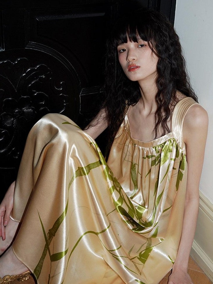 badtaste Blue Purple Bamboo Leaf Print New Chinese Style Women's Satin Slip Maxi Dresses