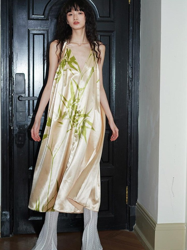 badtaste Blue Purple Bamboo Leaf Print New Chinese Style Women's Satin Slip Maxi Dresses