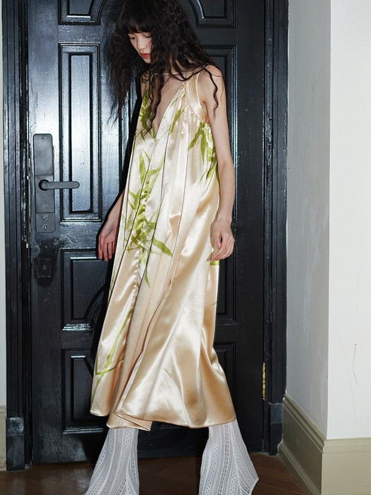 badtaste Blue Purple Bamboo Leaf Print New Chinese Style Women's Satin Slip Maxi Dresses
