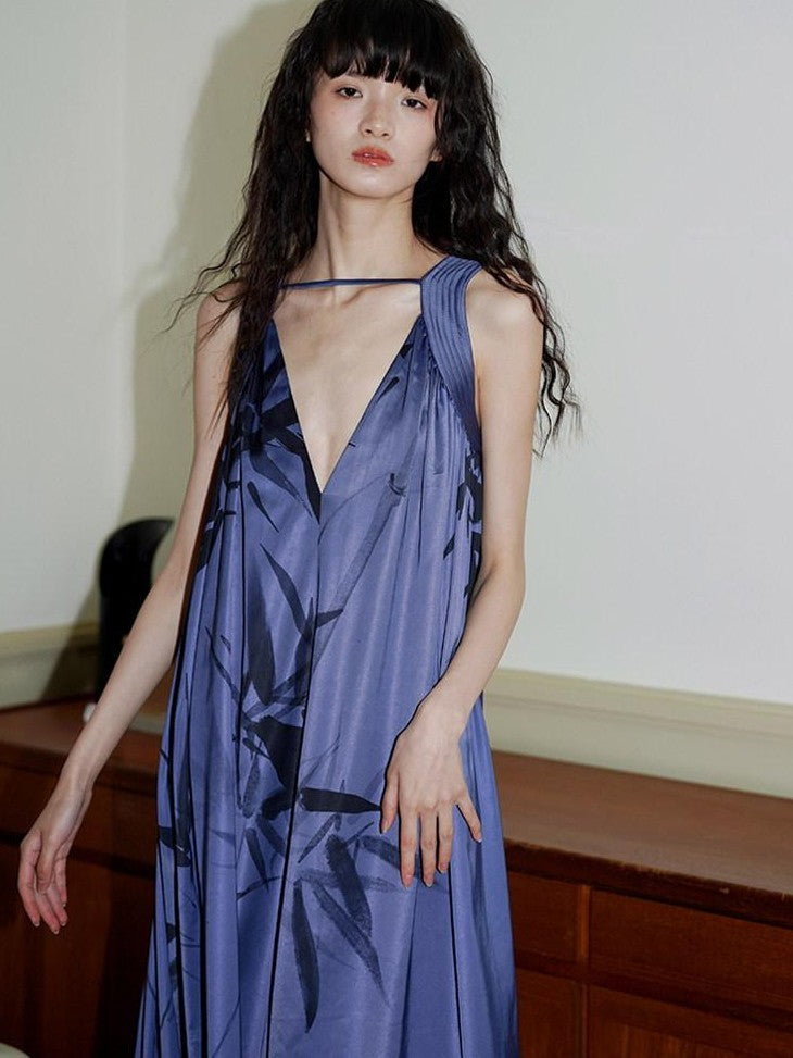 badtaste Blue Purple Bamboo Leaf Print New Chinese Style Women's Satin Slip Maxi Dresses