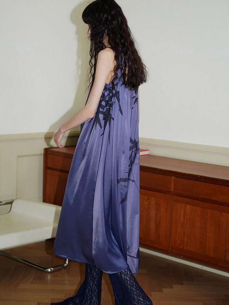 badtaste Blue Purple Bamboo Leaf Print New Chinese Style Women's Satin Slip Maxi Dresses