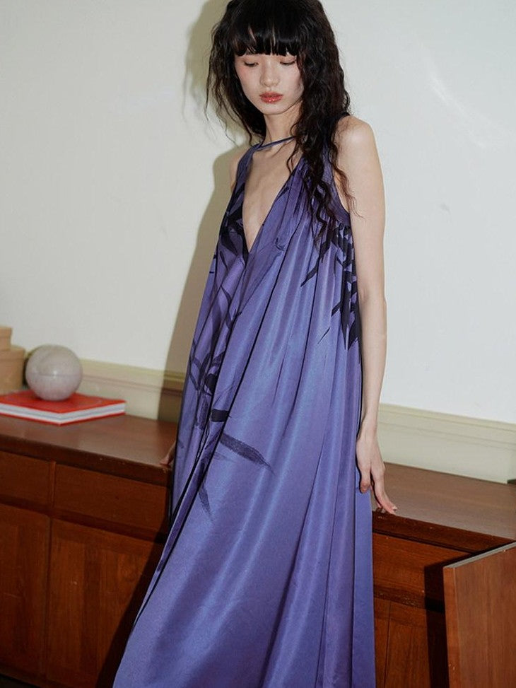 badtaste Blue Purple Bamboo Leaf Print New Chinese Style Women's Satin Slip Maxi Dresses