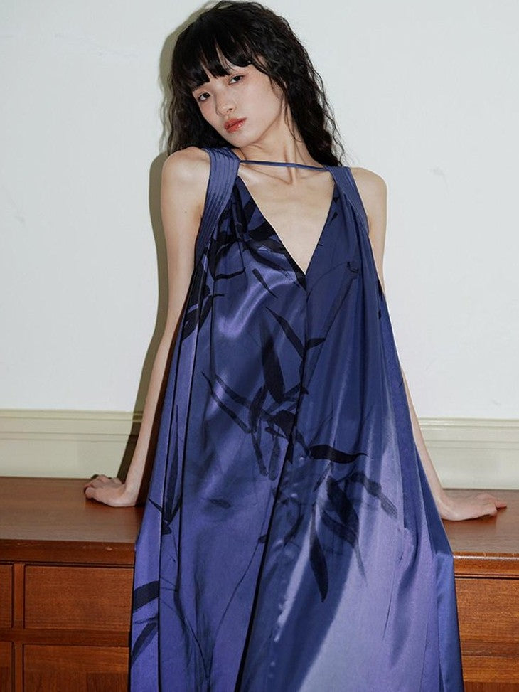 badtaste Blue Purple Bamboo Leaf Print New Chinese Style Women's Satin Slip Maxi Dresses