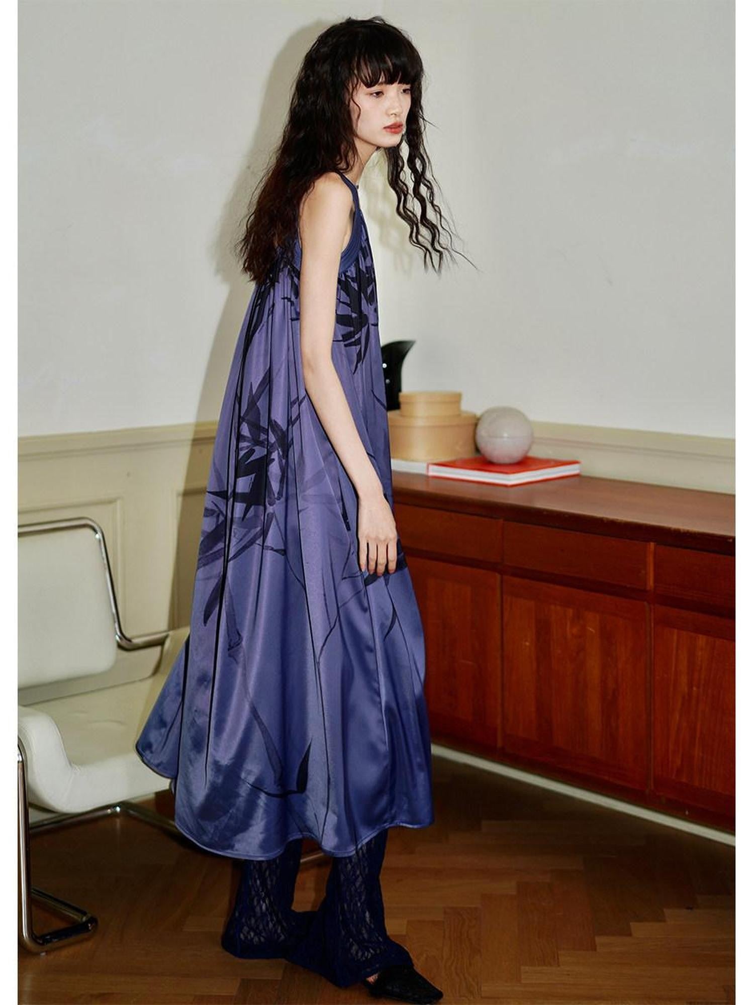 badtaste Blue Purple Bamboo Leaf Print New Chinese Style Women's Satin Slip Maxi Dresses