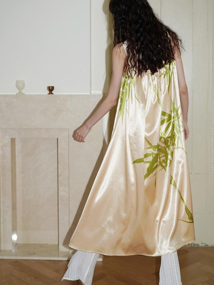 badtaste Blue Purple Bamboo Leaf Print New Chinese Style Women's Satin Slip Maxi Dresses
