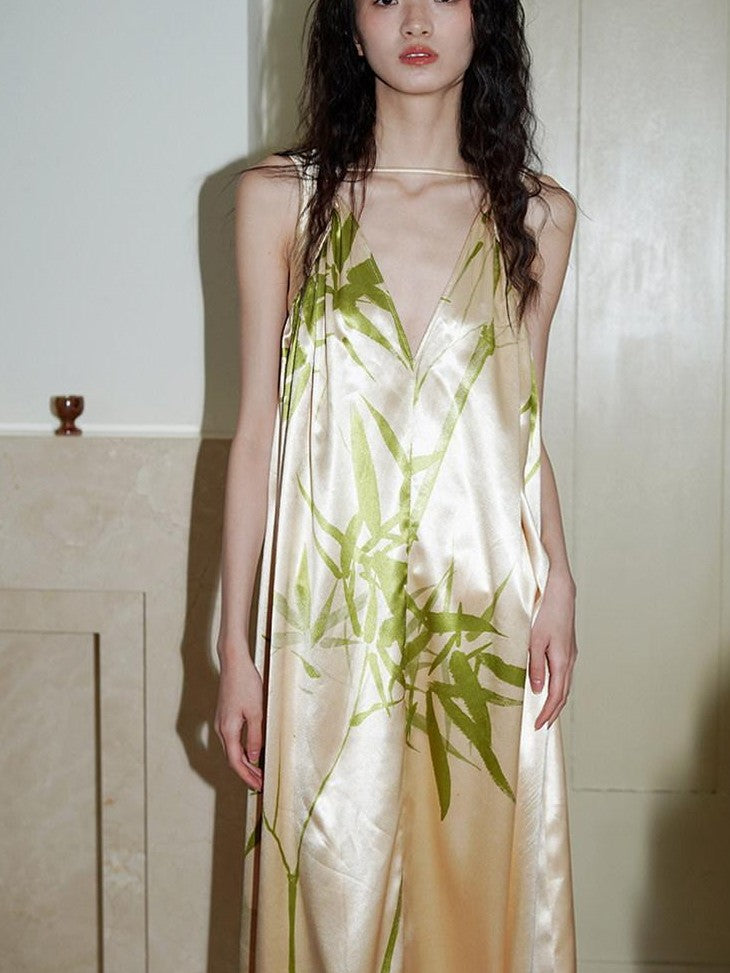 badtaste Blue Purple Bamboo Leaf Print New Chinese Style Women's Satin Slip Maxi Dresses