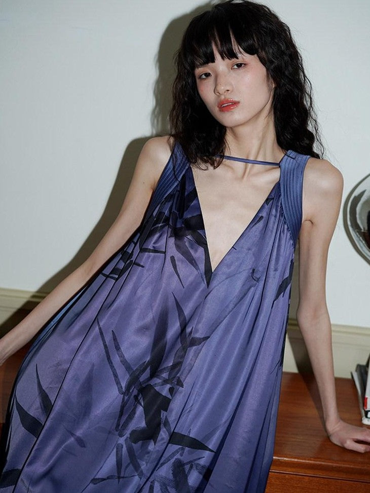badtaste Blue Purple Bamboo Leaf Print New Chinese Style Women's Satin Slip Maxi Dresses