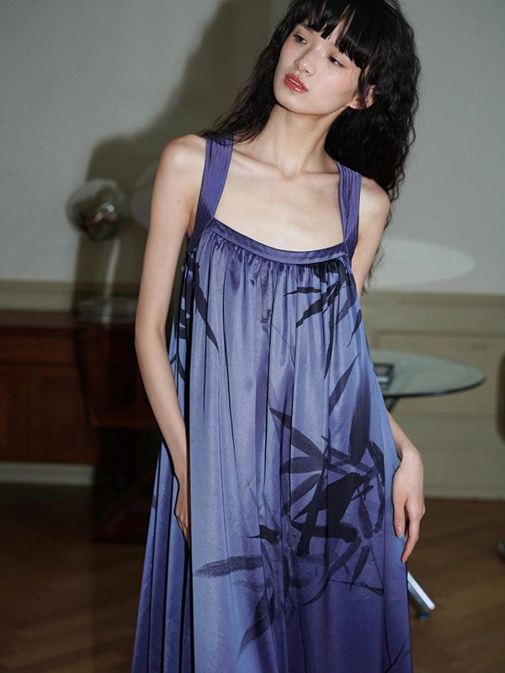 badtaste Blue Purple Bamboo Leaf Print New Chinese Style Women's Satin Slip Maxi Dresses