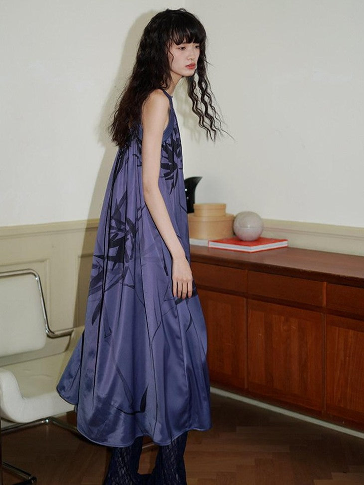 badtaste Blue Purple Bamboo Leaf Print New Chinese Style Women's Satin Slip Maxi Dresses