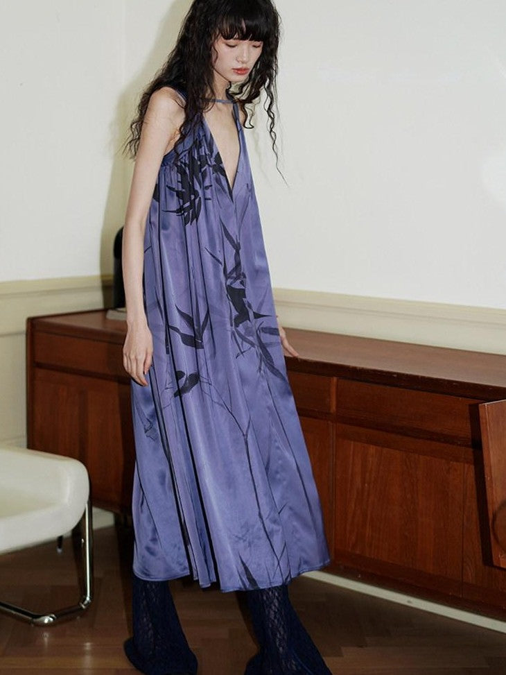 badtaste Blue Purple Bamboo Leaf Print New Chinese Style Women's Satin Slip Maxi Dresses