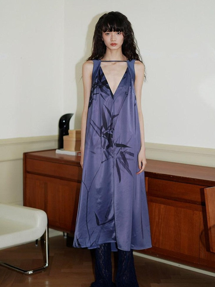 badtaste Blue Purple Bamboo Leaf Print New Chinese Style Women's Satin Slip Maxi Dresses