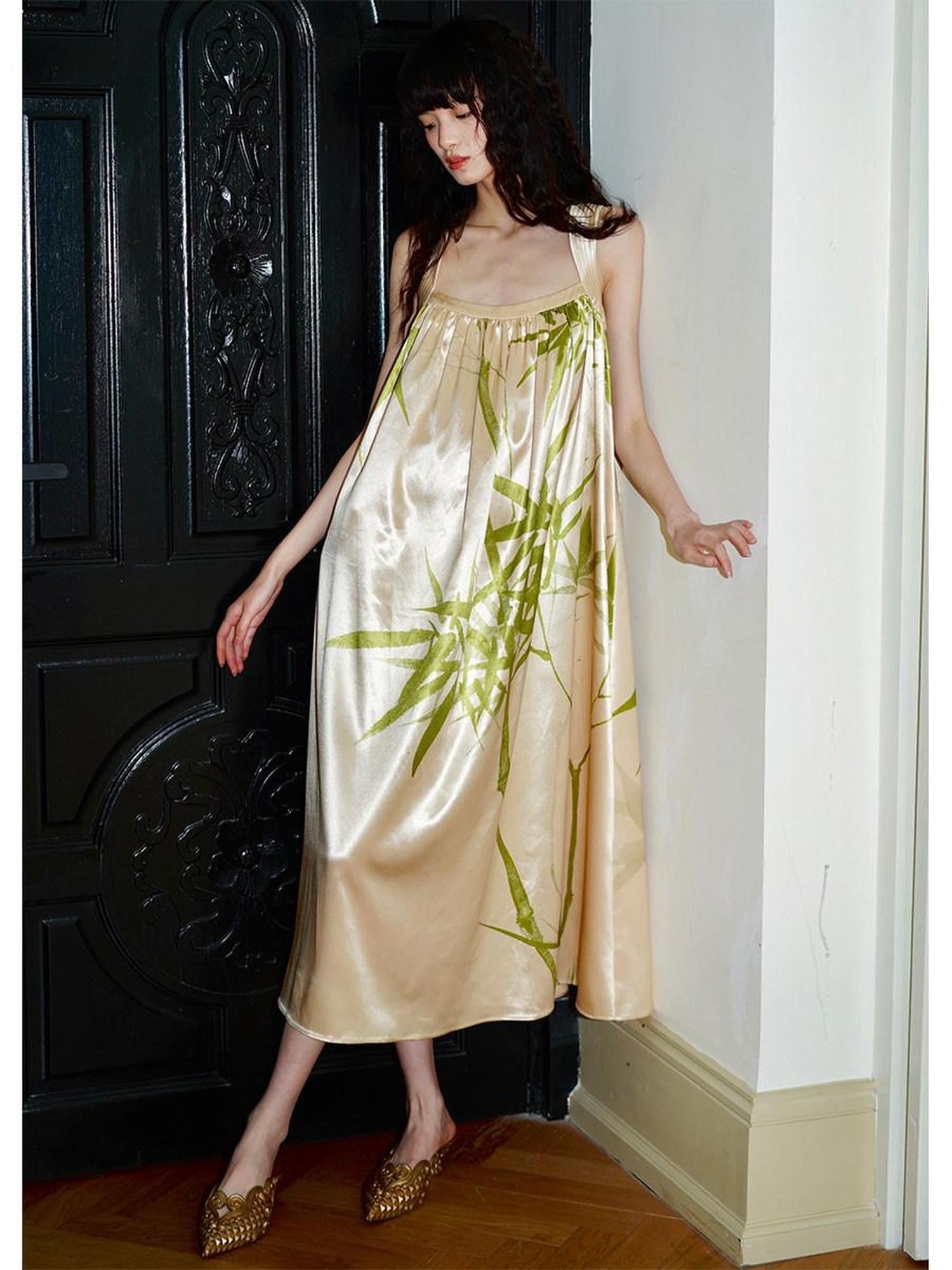 badtaste Blue Purple Bamboo Leaf Print New Chinese Style Women's Satin Slip Maxi Dresses