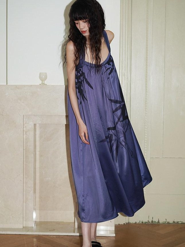 badtaste Blue Purple Bamboo Leaf Print New Chinese Style Women's Satin Slip Maxi Dresses