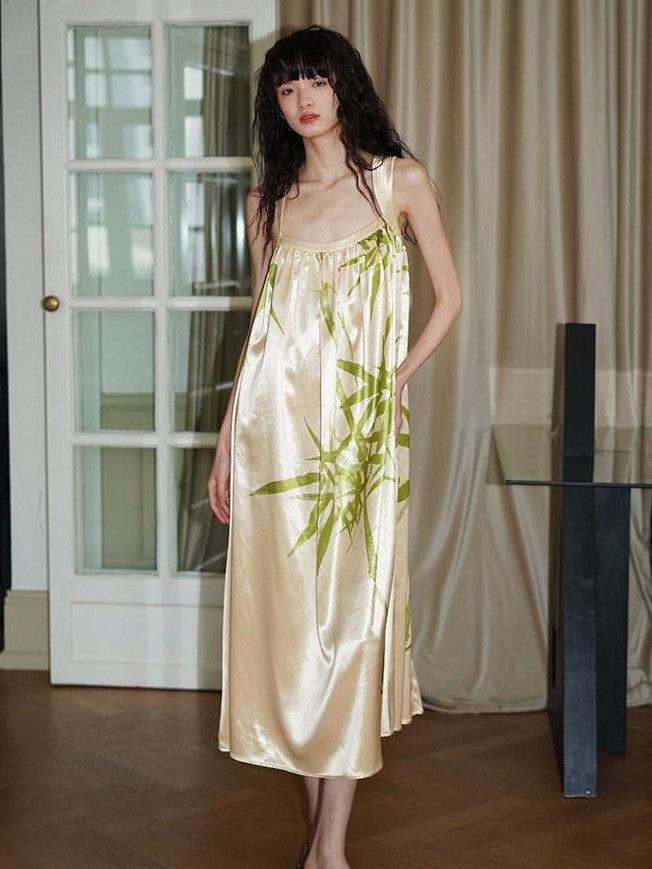 badtaste Blue Purple Bamboo Leaf Print New Chinese Style Women's Satin Slip Maxi Dresses