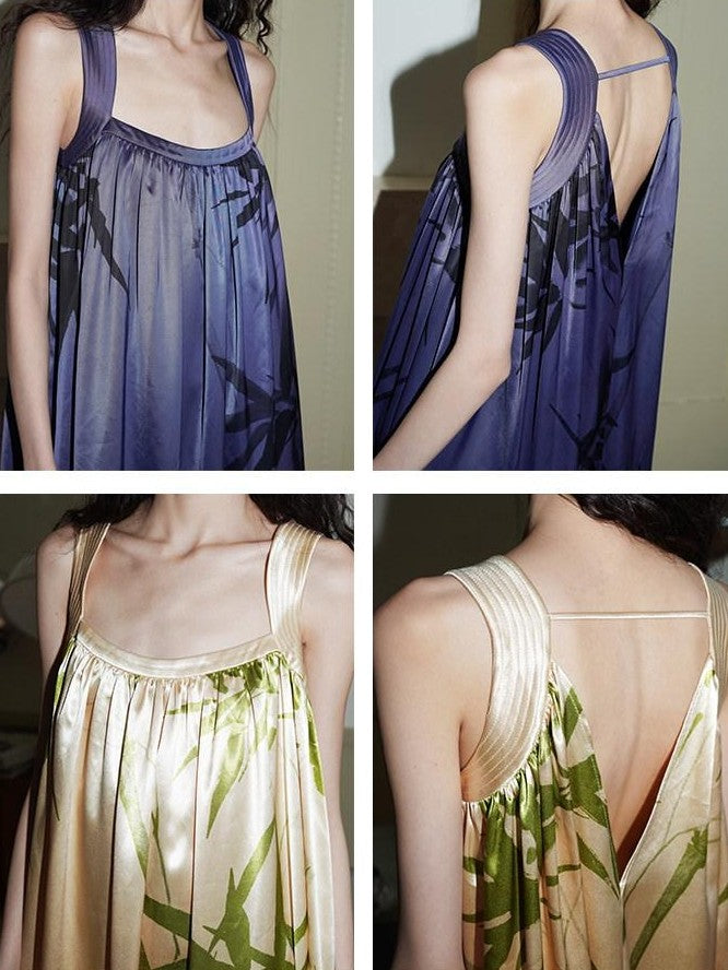badtaste Blue Purple Bamboo Leaf Print New Chinese Style Women's Satin Slip Maxi Dresses