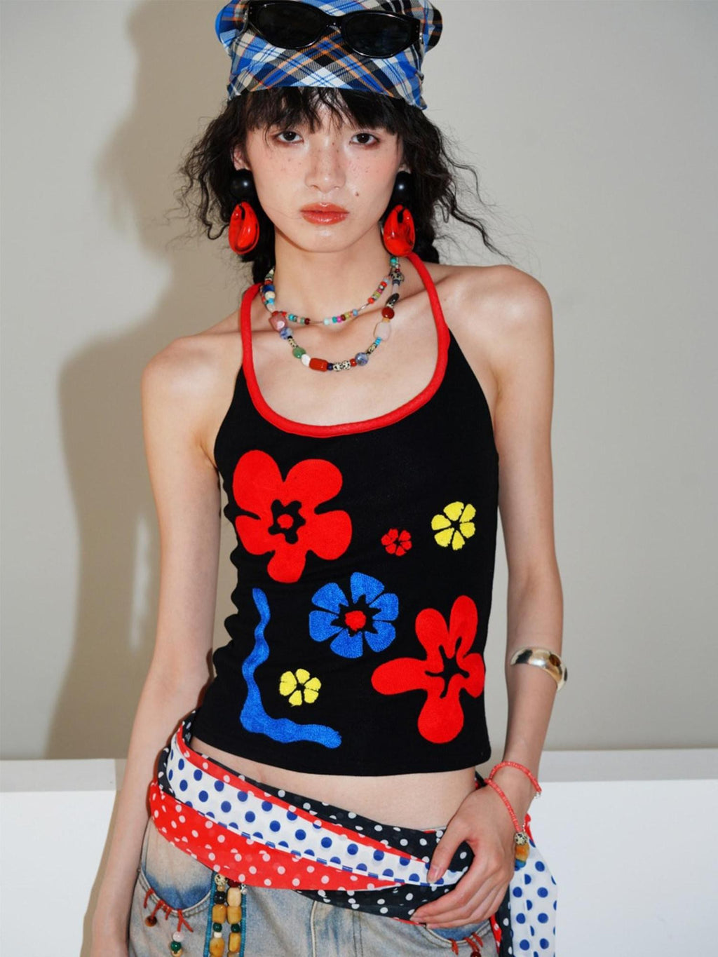 badtaste Bright Colorblock 3d Embroidered Floral Racerback Women's Heavyweight Halter Tops