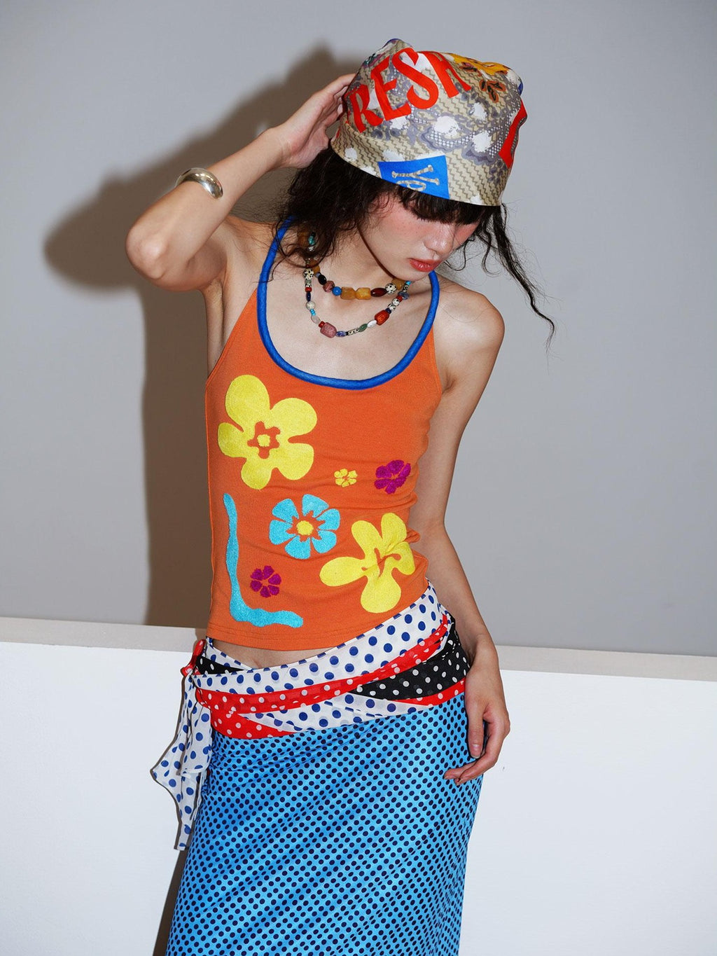 badtaste Bright Colorblock 3d Embroidered Floral Racerback Women's Heavyweight Halter Tops