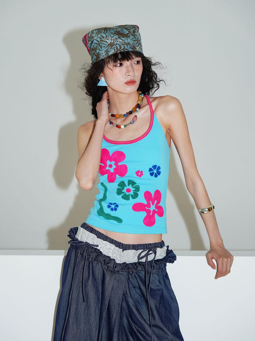 badtaste Bright Colorblock 3d Embroidered Floral Racerback Women's Heavyweight Halter Tops