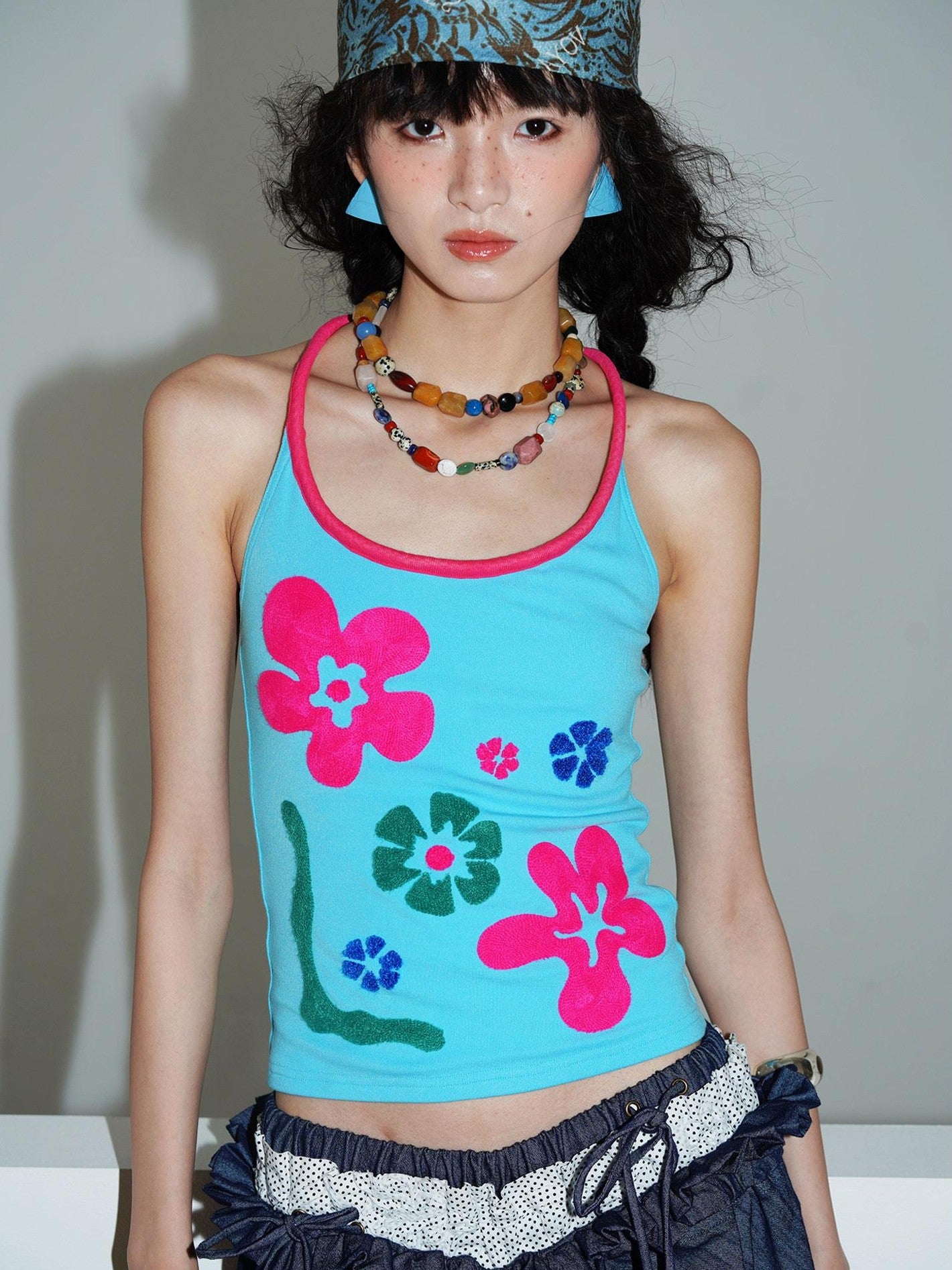 badtaste Bright Colorblock 3d Embroidered Floral Racerback Women's Heavyweight Halter Tops