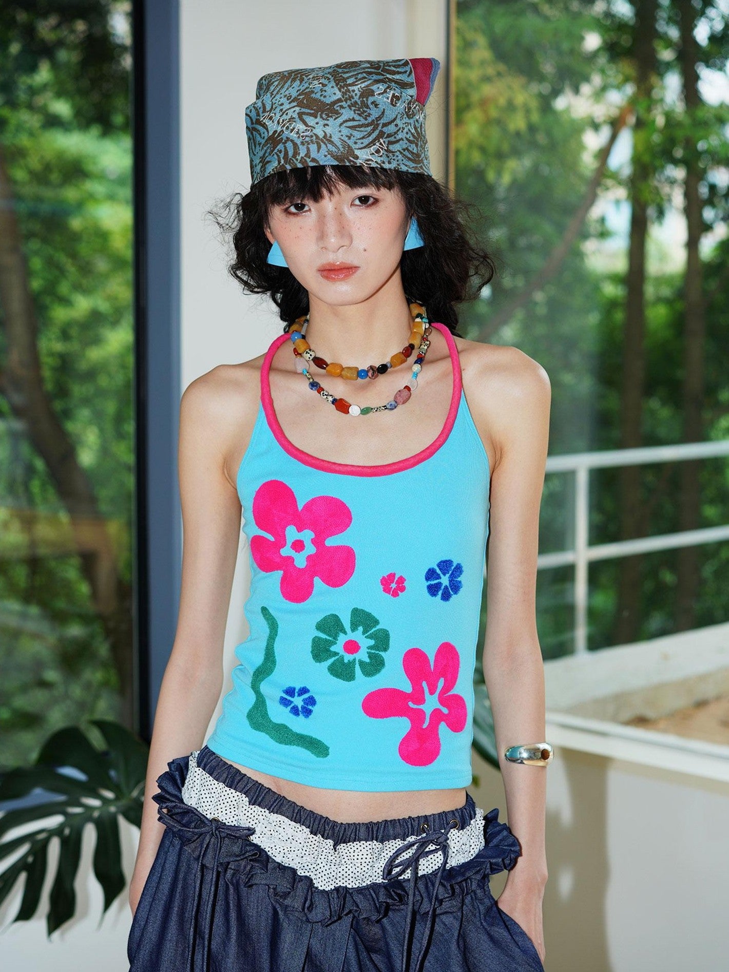 badtaste Bright Colorblock 3d Embroidered Floral Racerback Women's Heavyweight Halter Tops