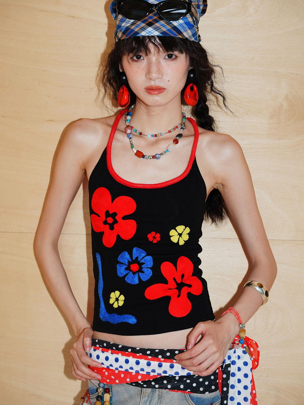 badtaste Bright Colorblock 3d Embroidered Floral Racerback Women's Heavyweight Halter Tops