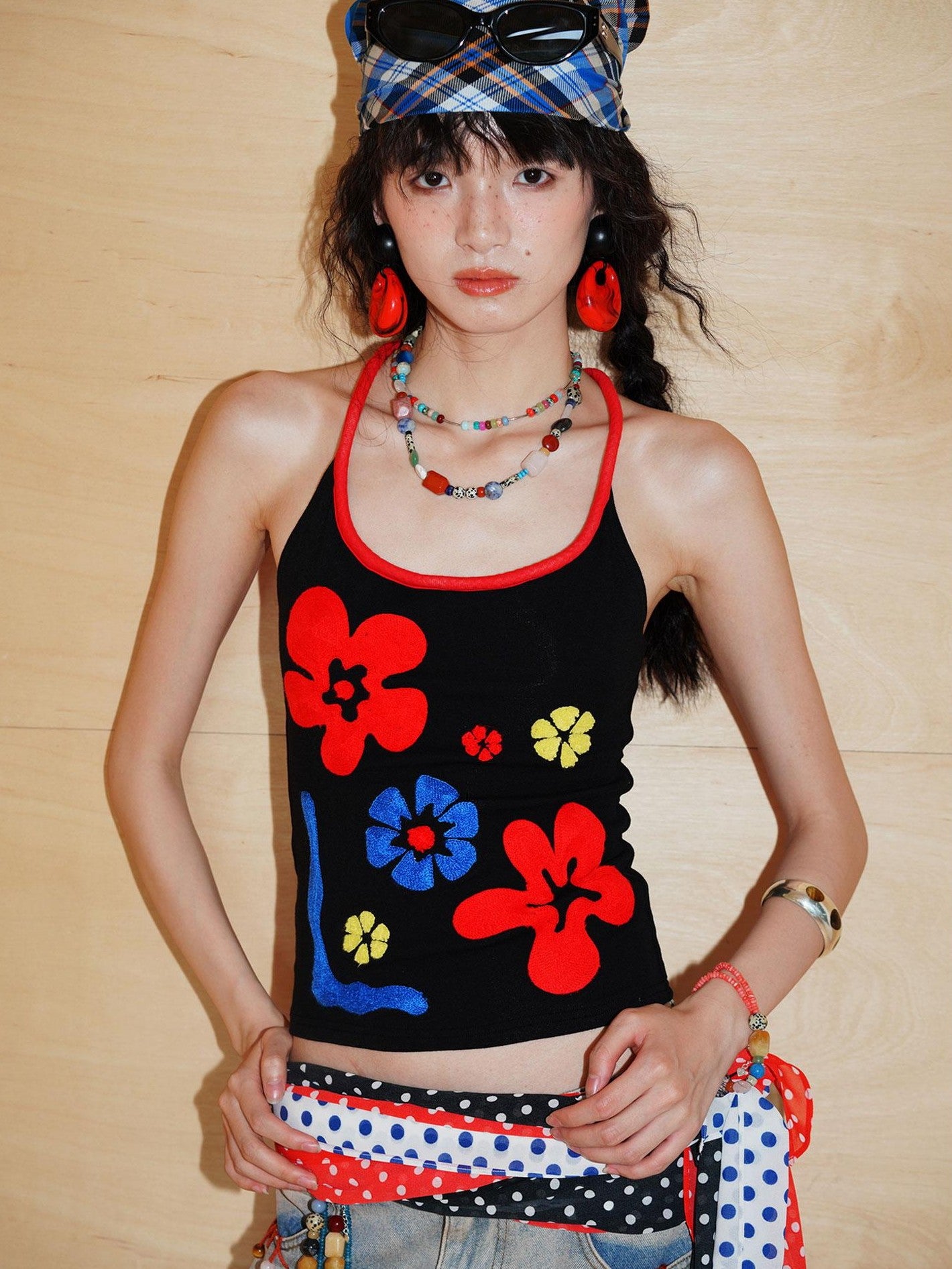badtaste Bright Colorblock 3d Embroidered Floral Racerback Women's Heavyweight Halter Tops