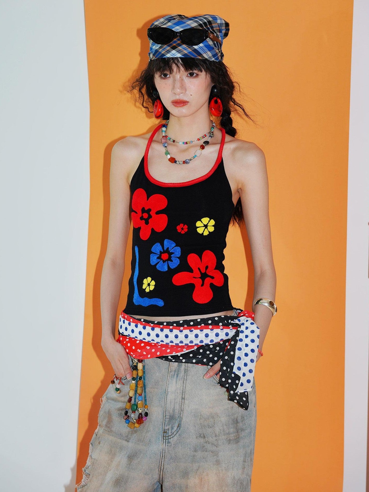 badtaste Bright Colorblock 3d Embroidered Floral Racerback Women's Heavyweight Halter Tops