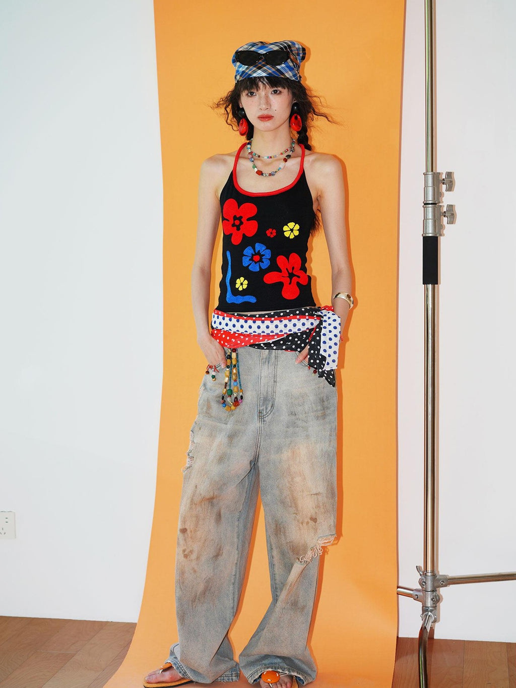 badtaste Bright Colorblock 3d Embroidered Floral Racerback Women's Heavyweight Halter Tops