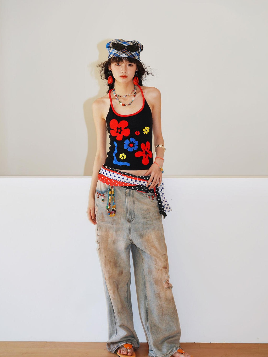 badtaste Bright Colorblock 3d Embroidered Floral Racerback Women's Heavyweight Halter Tops