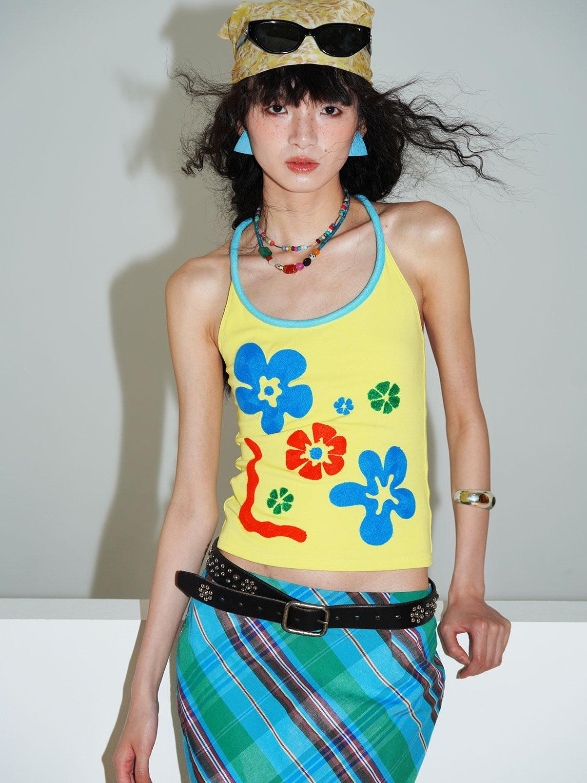 badtaste Bright Colorblock 3d Embroidered Floral Racerback Women's Heavyweight Halter Tops