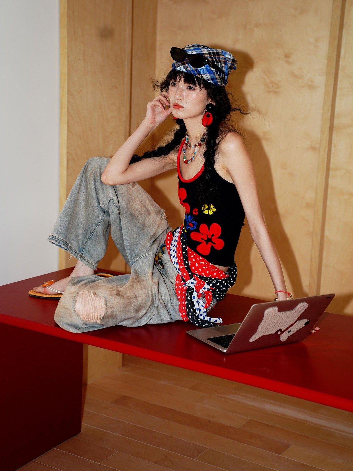 badtaste Bright Colorblock 3d Embroidered Floral Racerback Women's Heavyweight Halter Tops