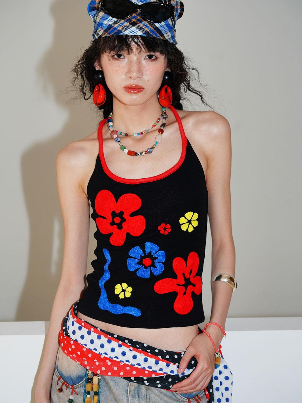 badtaste Bright Colorblock 3d Embroidered Floral Racerback Women's Heavyweight Halter Tops