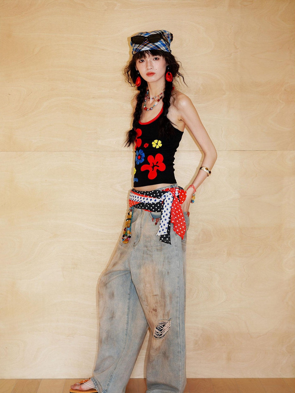 badtaste Bright Colorblock 3d Embroidered Floral Racerback Women's Heavyweight Halter Tops