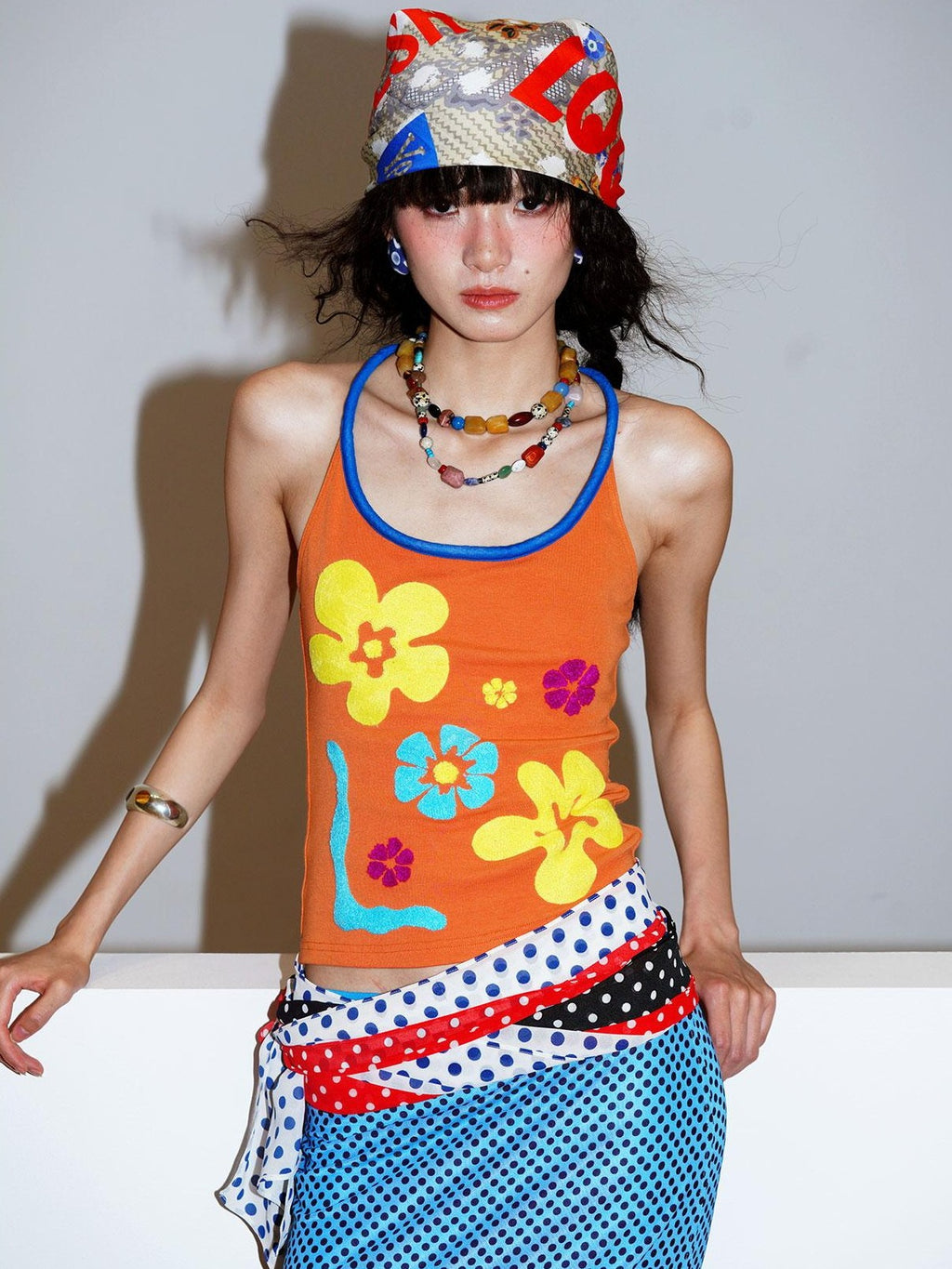 badtaste Bright Colorblock 3d Embroidered Floral Racerback Women's Heavyweight Halter Tops