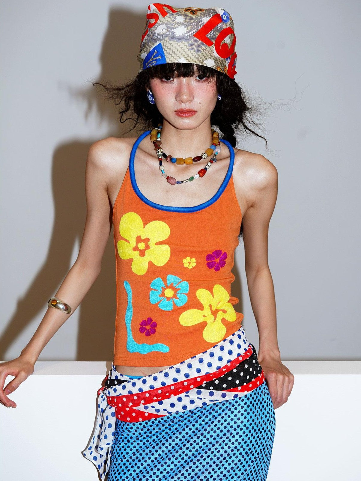 badtaste Bright Colorblock 3d Embroidered Floral Racerback Women's Heavyweight Halter Tops